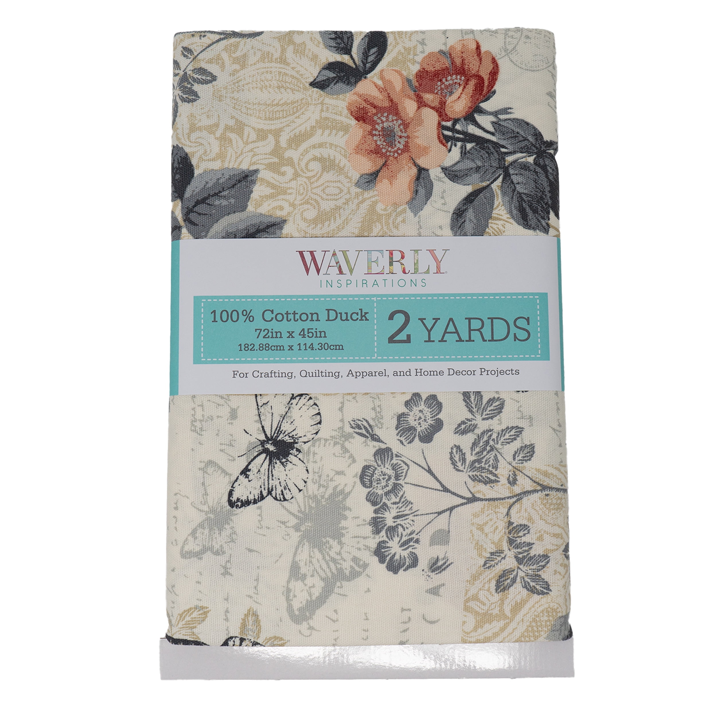 Waverly Inspirations 2 Yard Cut 100% Cotton Duck Print Fabric Butterfly Rose Neutral, 45" Wide for Quilting & Sewing