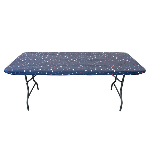 Waverly Inspirations Elastic Fitted Vinyl Table Cover With Flannel Backing, 6Ft Table, 72" x 30", Scattered Stars With Blue Base, 2 PK