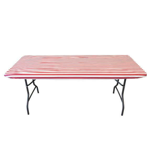 Waverly Inspirations Elastic Fitted Vinyl Table Cover With Flannel Backing, 6Ft Table, 72" x 30", White/Red Stripe, 1 PK