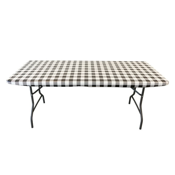 Waverly Inspirations Rectangular Elastic Fitted Table Cover Waterproof Vinyl Tablecloth With Flannel Backing, 6Ft Table, 72" x 30", Gingham Black, 2 PK