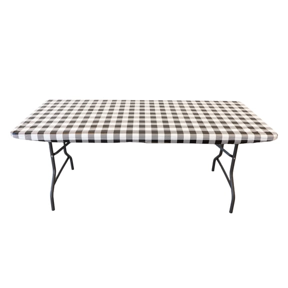 Waverly Inspirations Rectangular Elastic Fitted Table Cover Waterproof Vinyl Tablecloth With Flannel Backing, 6Ft Table, 72" x 30", Gingham Black, 8 PK