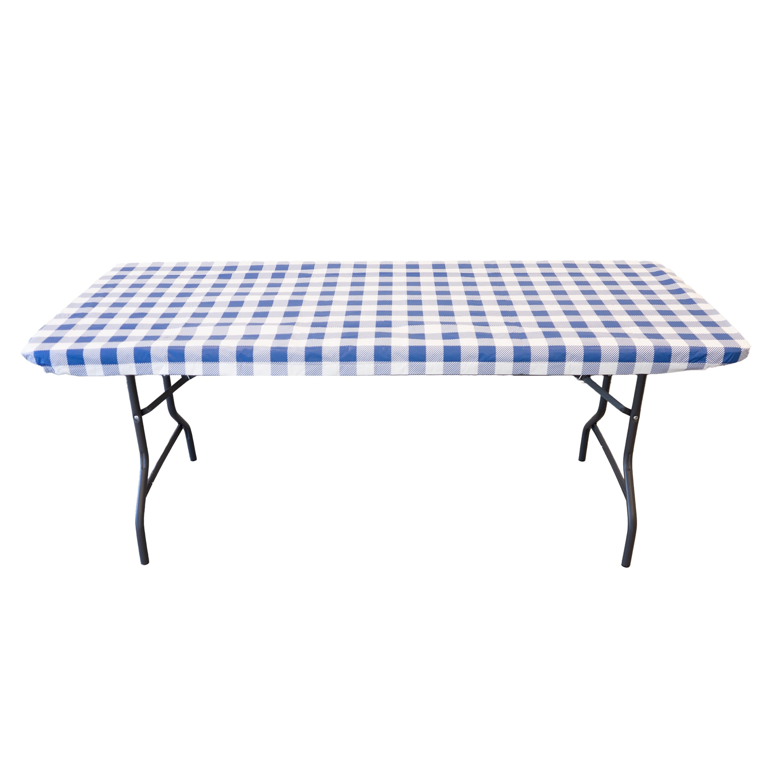 Waverly Inspirations Rectangular Elastic Fitted Table Cover Waterproof Vinyl Tablecloth With Flannel Backing, 6Ft Table, 72" x 30", Gingham Blue, 4 PK