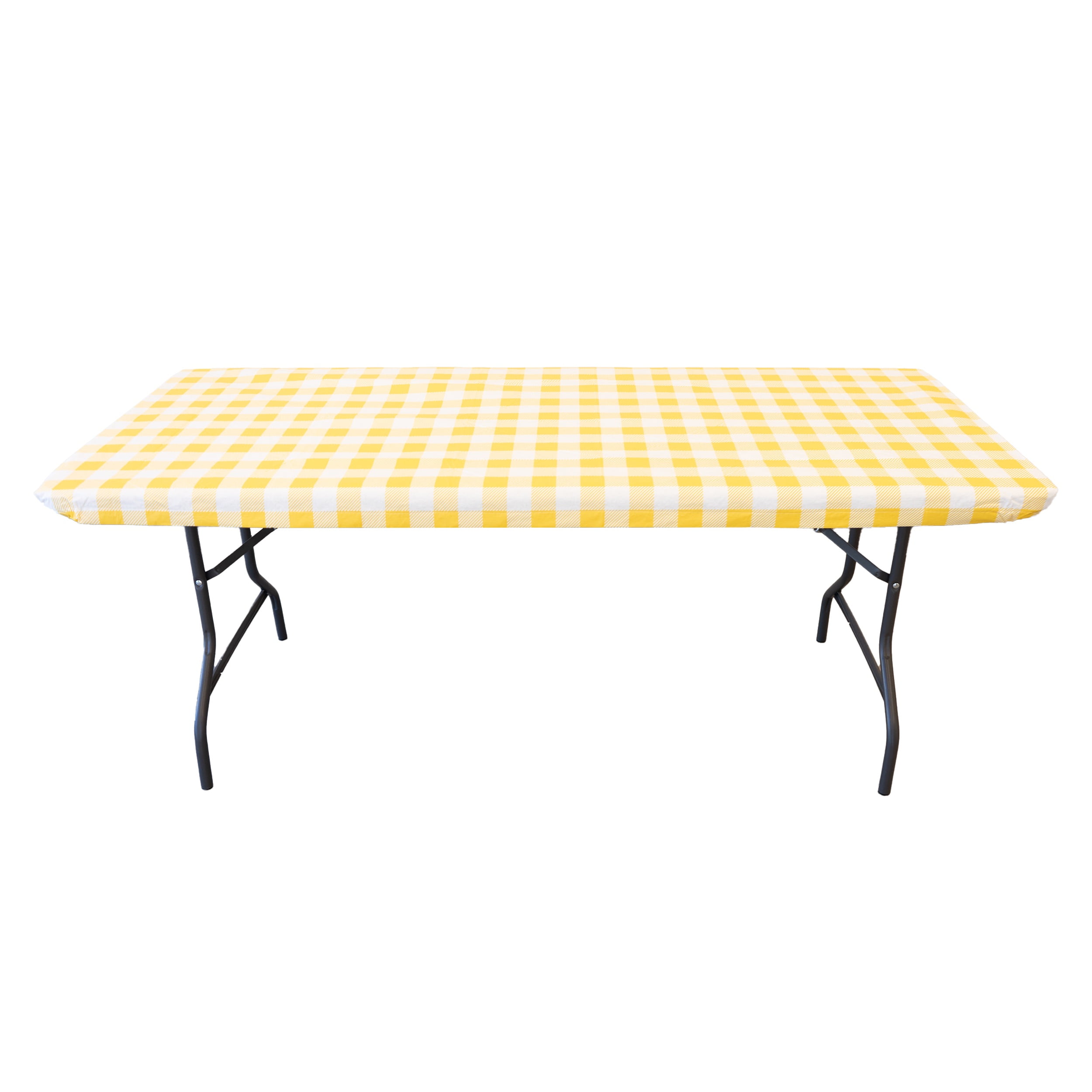 Waverly Inspirations Rectangular Elastic Fitted Table Cover Waterproof Vinyl Tablecloth With Flannel Backing, 6Ft Table, 72" x 30", Gingham Yellow, 8 PK