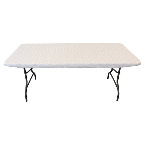 Waverly Inspirations Rectangular Elastic Fitted Table Cover Waterproof Vinyl Tablecloth With Flannel Backing, 6Ft Table, 72" x 30", Ogee Cural Pearl, 4 PK