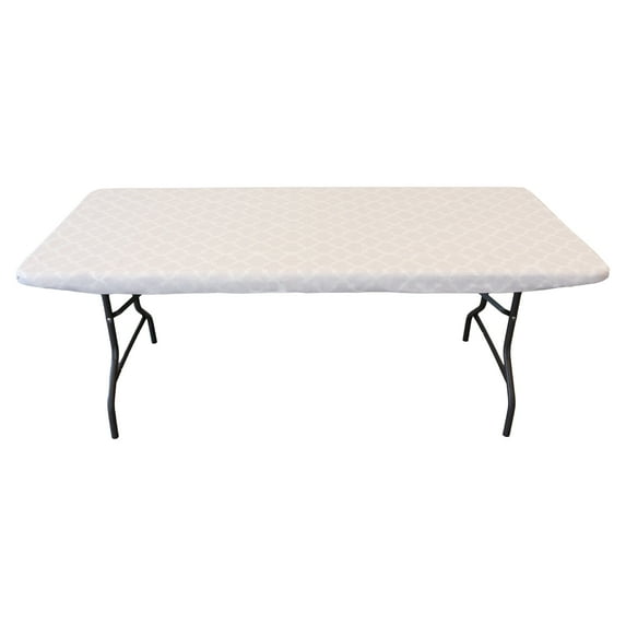 Waverly Inspirations Rectangular Elastic Fitted Table Cover Waterproof Vinyl Tablecloth With Flannel Backing, 6Ft Table, 72" x 30", Ogee Cural Pearl, 8 PK