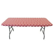 Waverly Inspirations Rectangular Elastic Fitted Table Cover Waterproof Vinyl Tablecloth With Flannel Backing, 6Ft Table, 72" x 30", Ogee Curl Cranberry, 1 PK