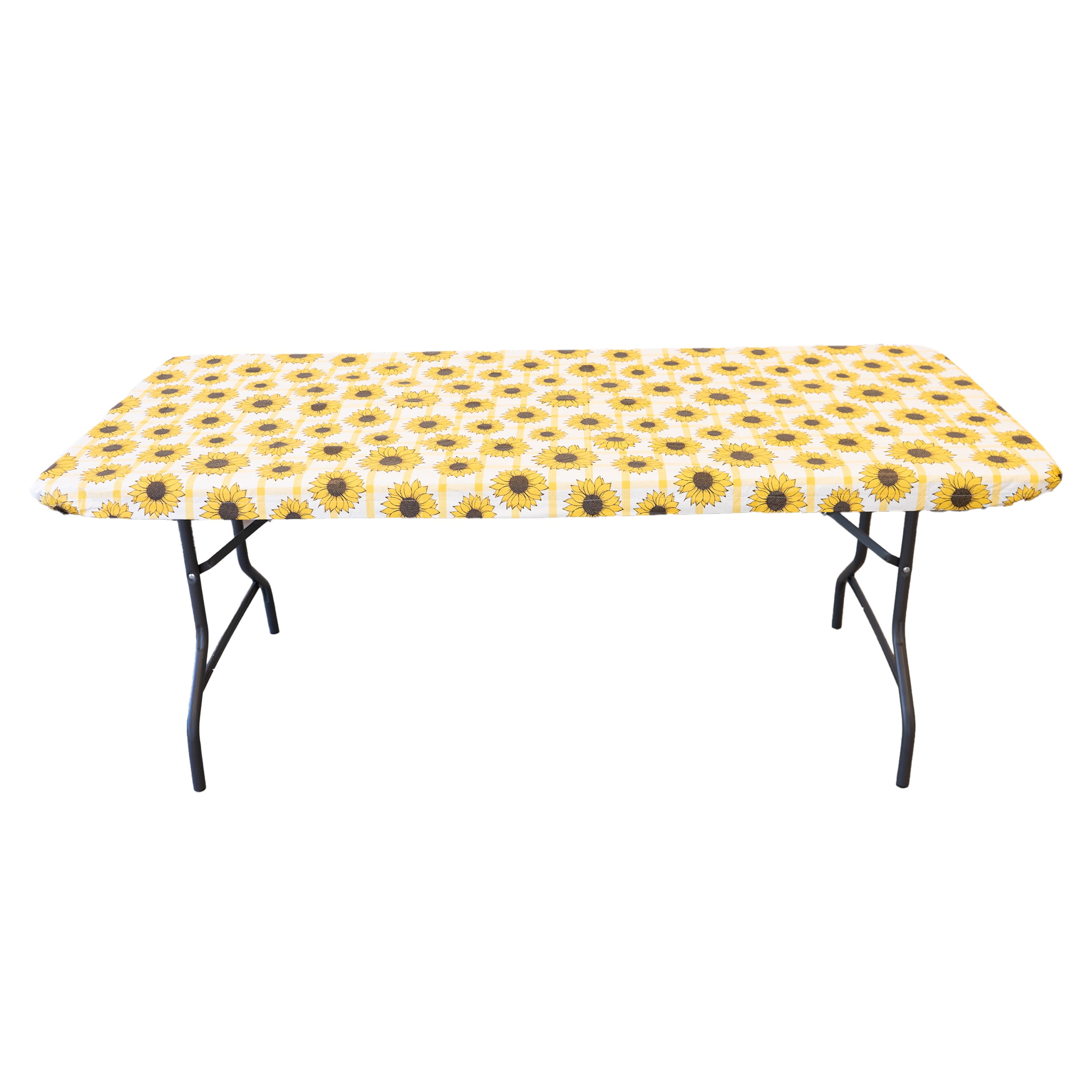Waverly Inspirations Rectangular Elastic Fitted Table Cover Waterproof Vinyl Tablecloth With Flannel Backing, 6Ft Table, 72" x 30", Sunflower Check, 2 PK
