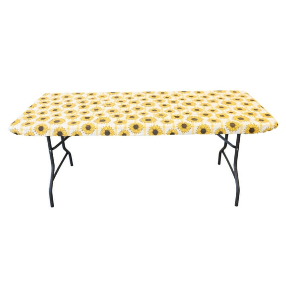 Waverly Inspirations Rectangular Elastic Fitted Table Cover Waterproof Vinyl Tablecloth With Flannel Backing, 6Ft Table, 72" x 30", Sunflower Check, 2 PK