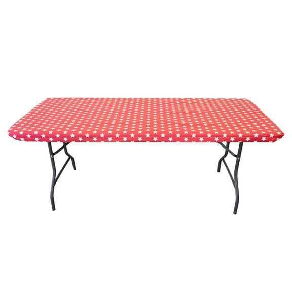 Waverly Inspirations Rectangular Elastic Fitted Table Cover Waterproof Vinyl Tablecloth With Flannel Backing, 6Ft Table, 72" x 30", White Stars With Red Base, 1 PK