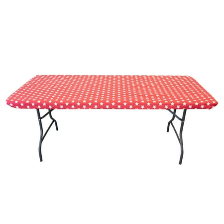 Waverly Inspirations Rectangular Elastic Fitted Table Cover Waterproof Vinyl Tablecloth With Flannel Backing, 6Ft Table, 72" x 30", White Stars With Red Base, 4 PK
