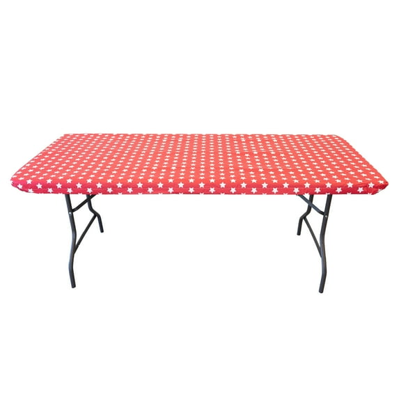 Waverly Inspirations Rectangular Elastic Fitted Table Cover Waterproof Vinyl Tablecloth With Flannel Backing, 6Ft Table, 72" x 30", White Stars With Red Base, 4 PK