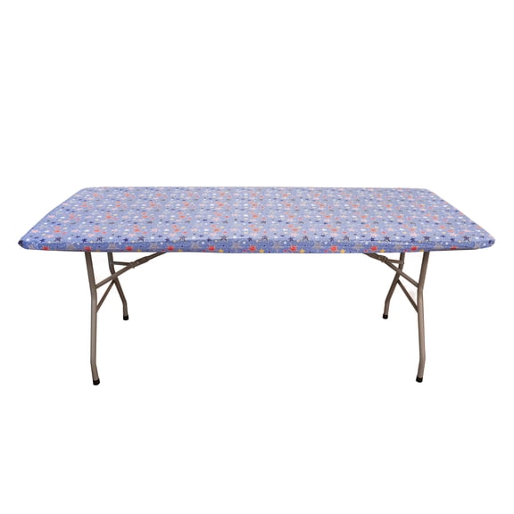 Waverly Inspirations Rectangular Elastic Fitted Table Cover Waterproof Vinyl Tablecloth With Flannel Backing, 6Ft Table, 72" x 30", Stars and Stripes, 1 PK