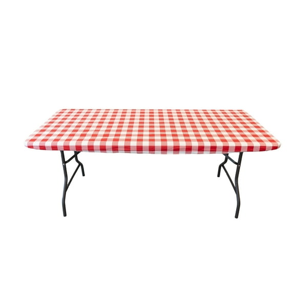 Waverly Inspirations Rectangular Elastic Fitted Table Cover Waterproof Vinyl Tablecloth With Flannel Backing, 6Ft Table, 72" x 30", Gingham Red, 1 PK