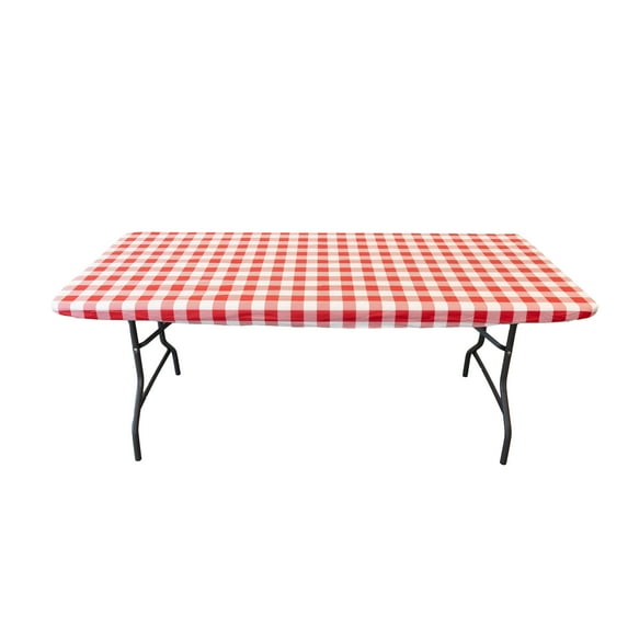 Waverly Inspirations Rectangular Elastic Fitted Table Cover Waterproof Vinyl Tablecloth With Flannel Backing, 6Ft Table, 72" x 30", Gingham Red, 1 PK
