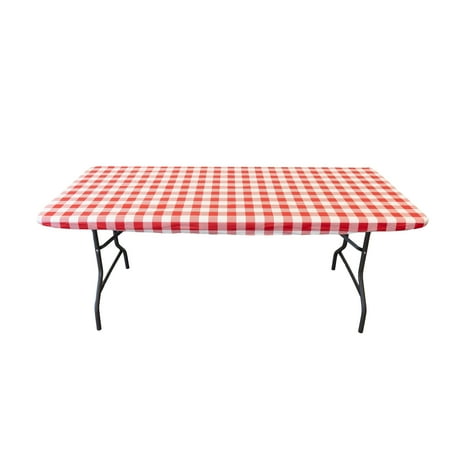Waverly Inspirations Rectangular Elastic Fitted Table Cover Waterproof Vinyl Tablecloth With Flannel Backing, 6Ft Table, 72" x 30", Gingham Red, 8 PK