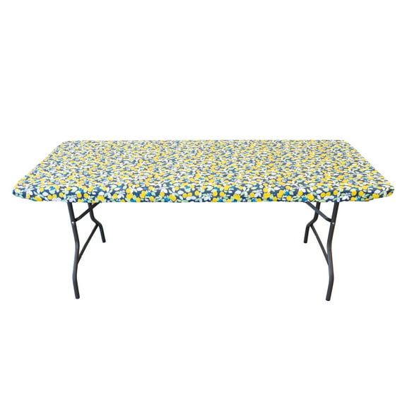 Waverly Inspirations Rectangular Elastic Fitted Table Cover Waterproof Vinyl Tablecloth With Flannel Backing, 6Ft Table, 72" x 30", Lemon Tree, 1 PK