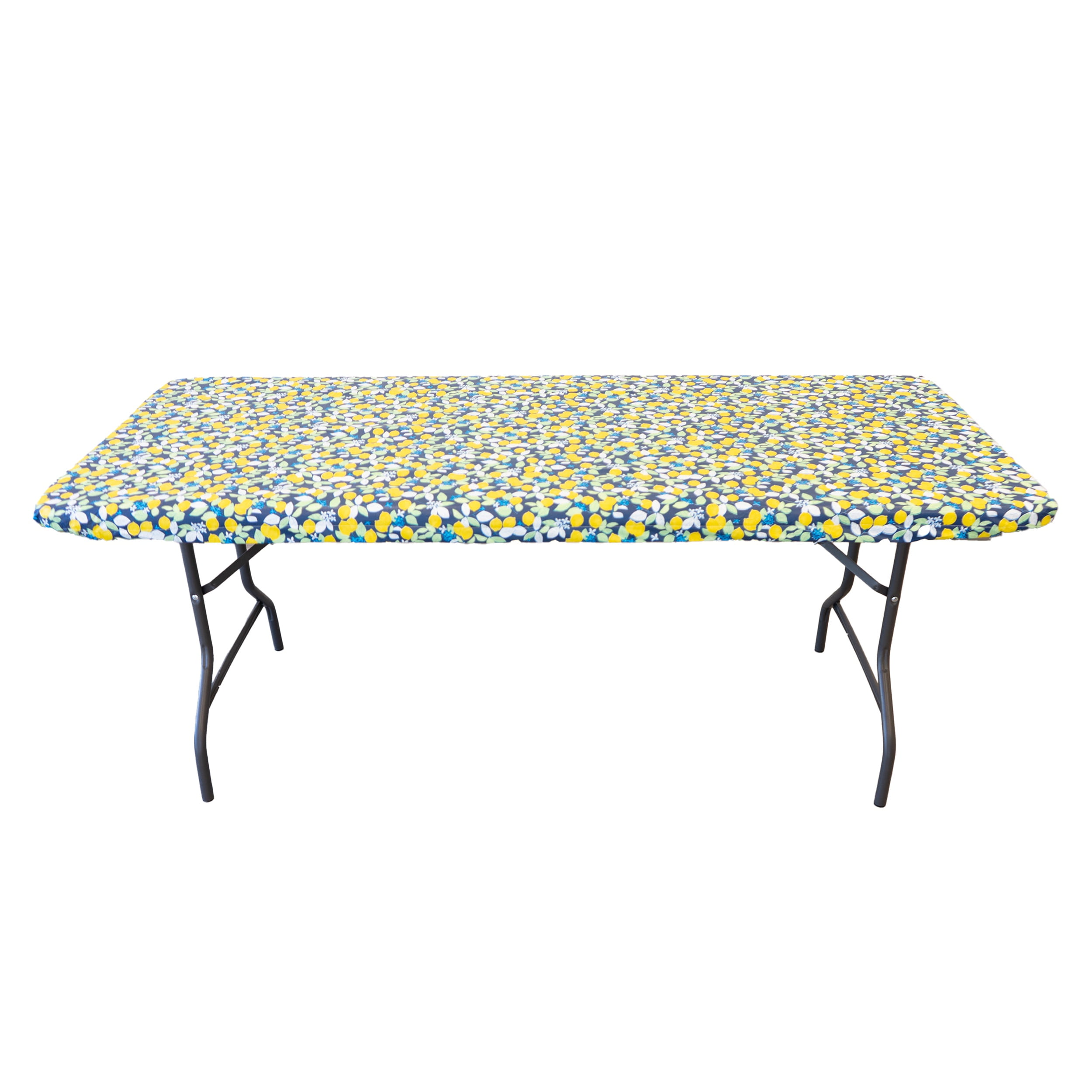 Waverly Inspirations Rectangular Elastic Fitted Table Cover Waterproof Vinyl Tablecloth With Flannel Backing, 6Ft Table, 72" x 30", Lemon Tree, 4 PK
