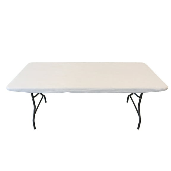 Waverly Inspirations Rectangular Elastic Fitted Table Cover Waterproof Vinyl Tablecloth With Flannel Backing, 6Ft Table, 72" x 30", White, 8 PK