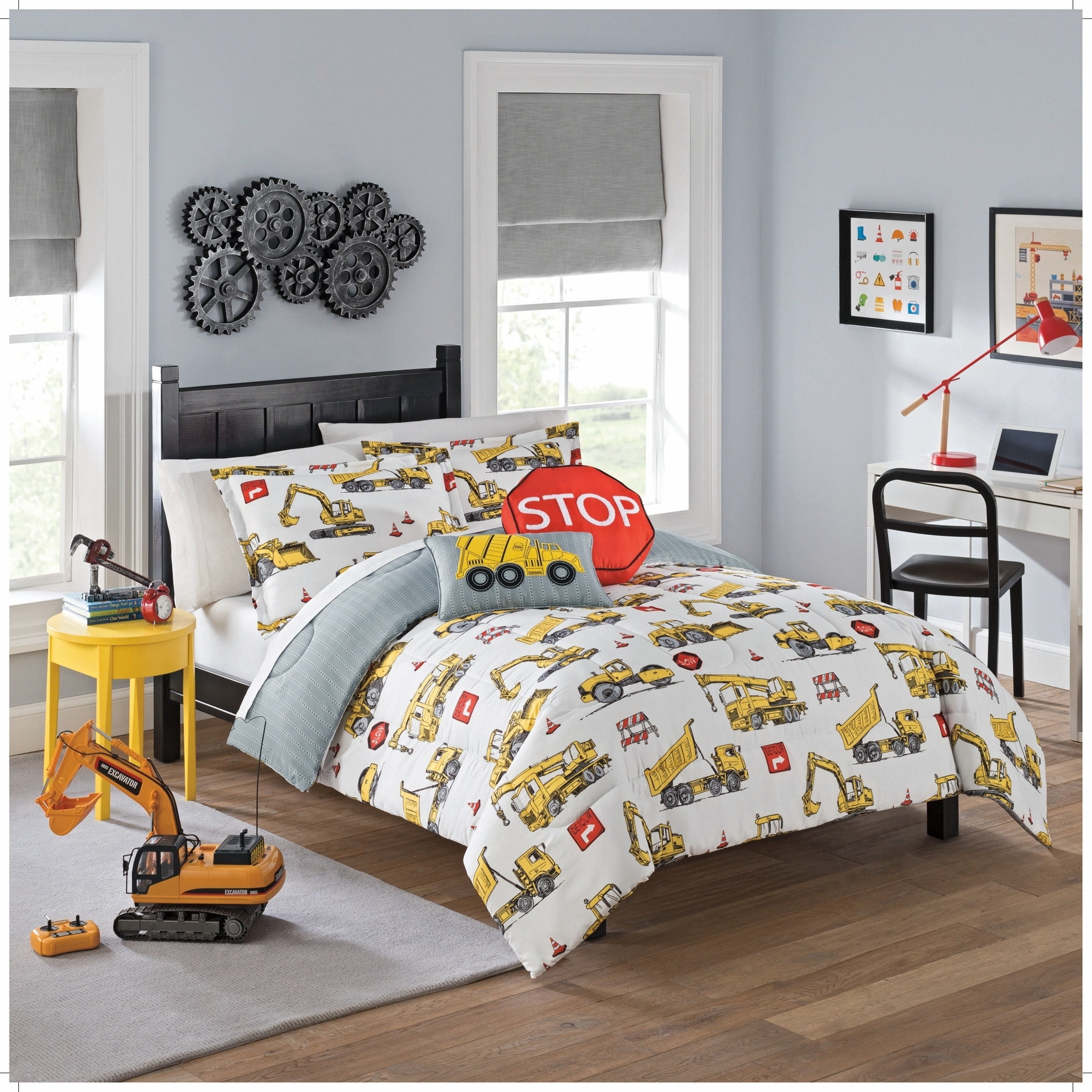 Full Gray Reversible Kids Construction Theme Comforter Set