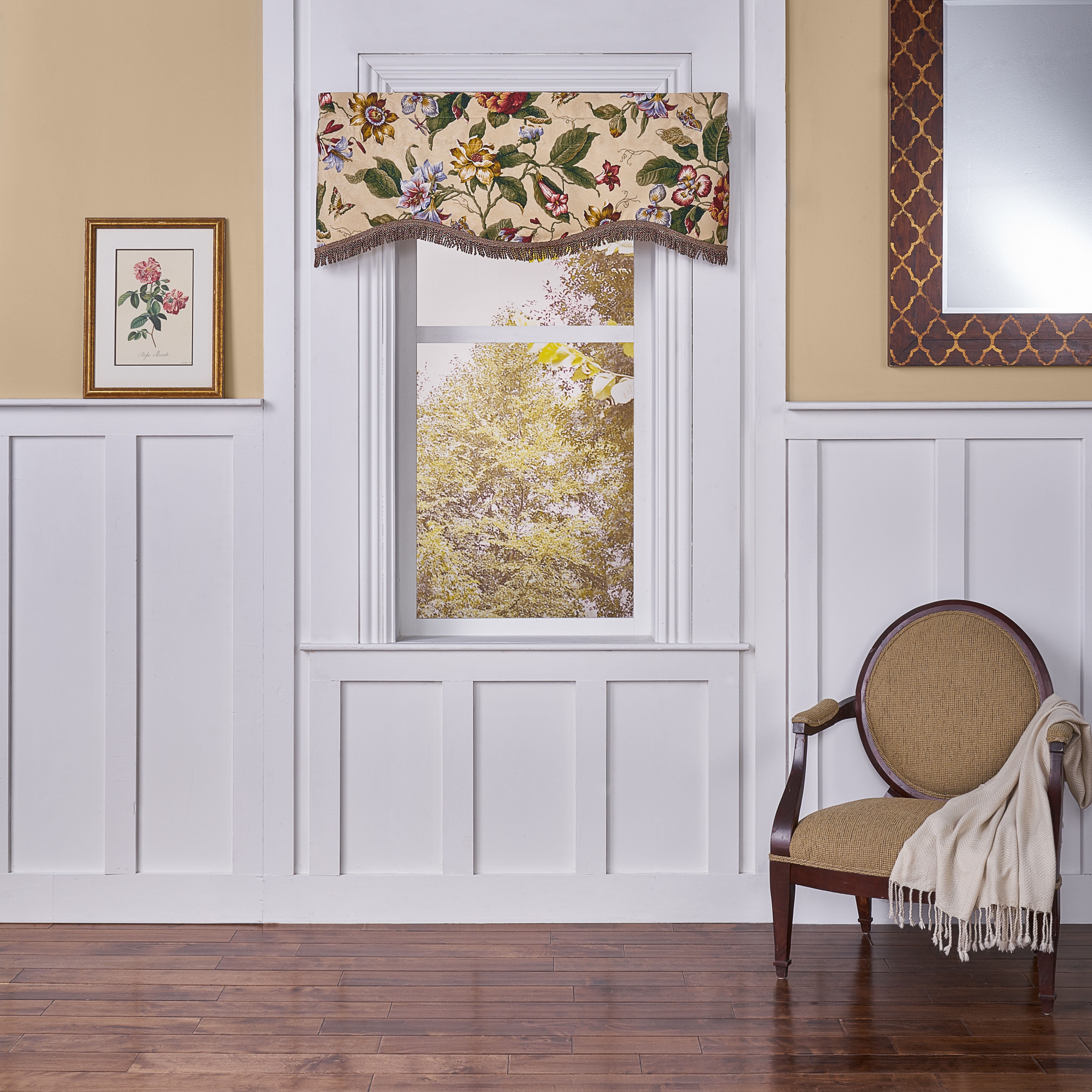 Floral Beige and Green Cotton Rod Pocket Valance, 50 x 15