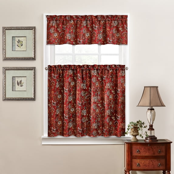 Waverly Navarra Crimson Curtain Collection – Tier & Valance Set - 100% Polyester Jacquard - 52" X 36"