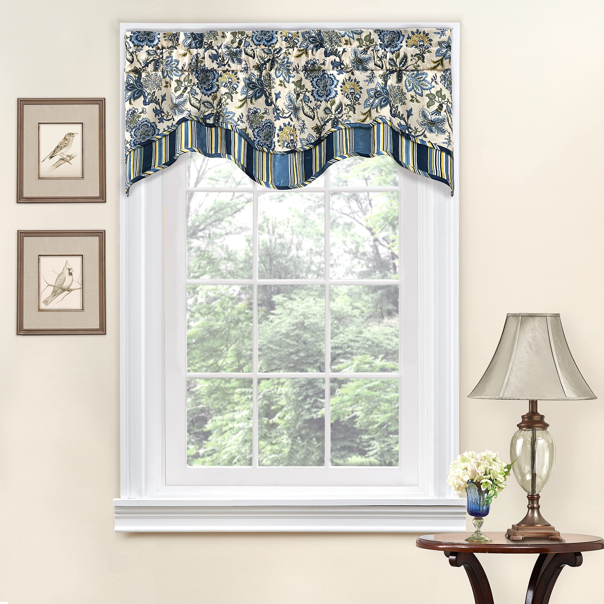 Blue Floral Jacobean Scalloped Rod Pocket Valance