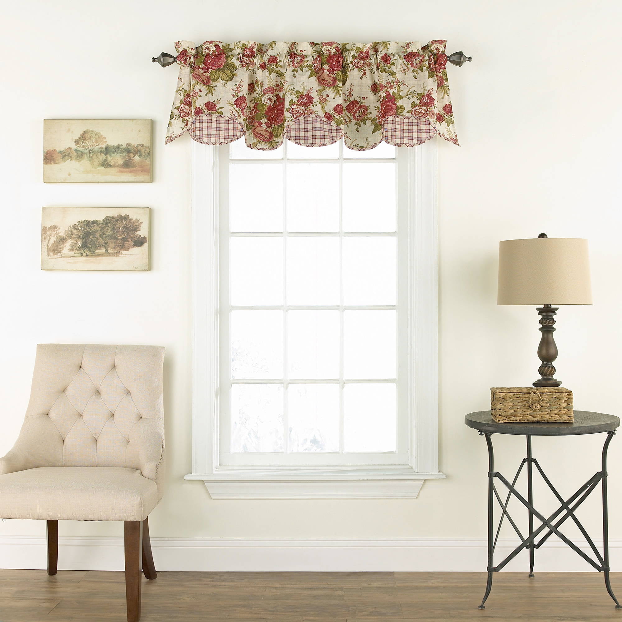 Crimson Floral and Gingham Scalloped Cotton Rod Pocket Valance, 60" x 16"