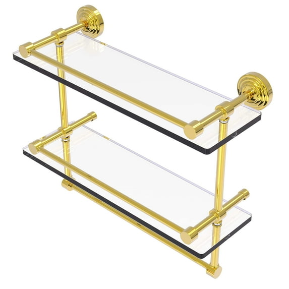 Waverly Place Collection Gallery Rail Double Glass Shelf with Towel Bar - Polished Brass / 16 Inch