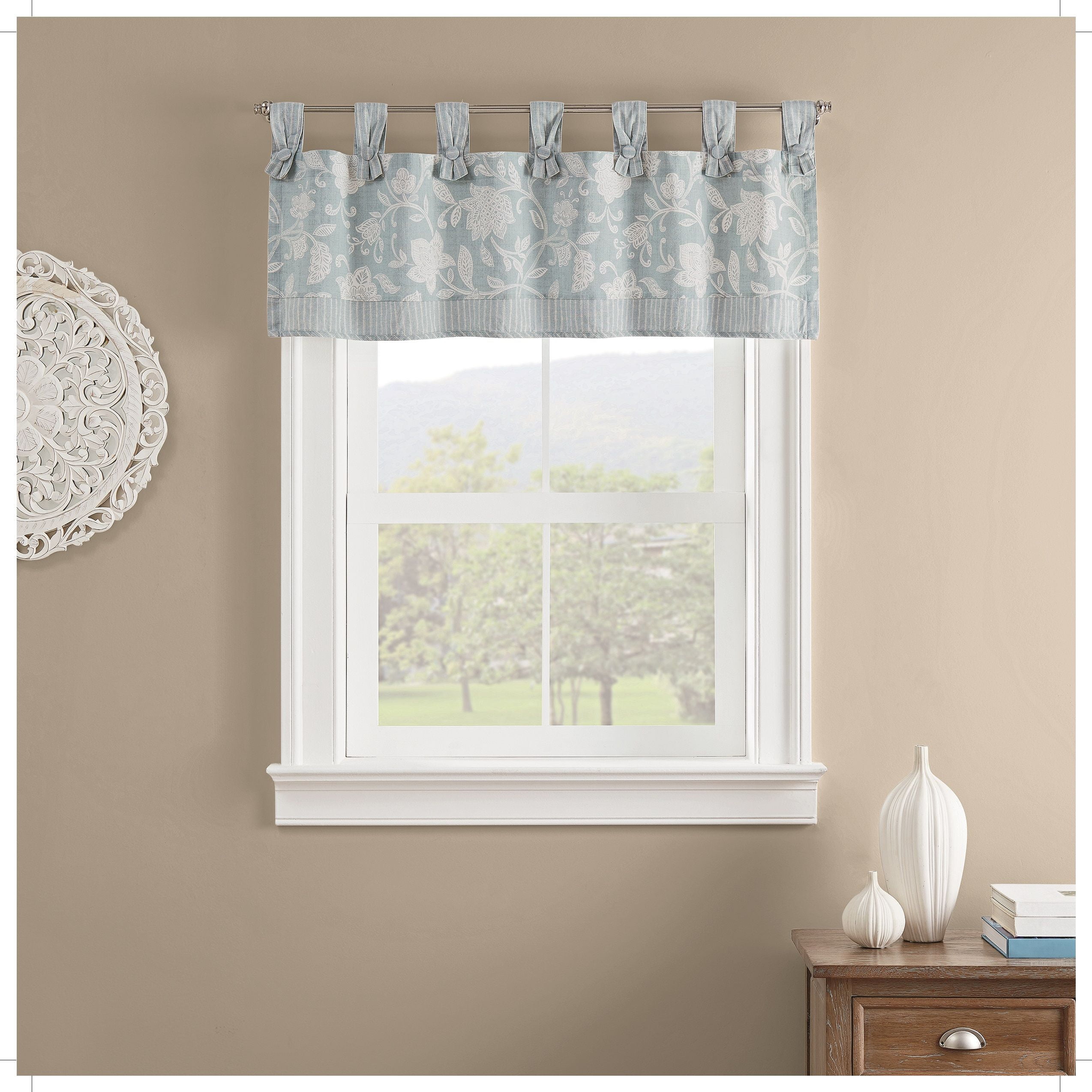 Spa Blue Cotton Floral Pattern Button Tab Valance