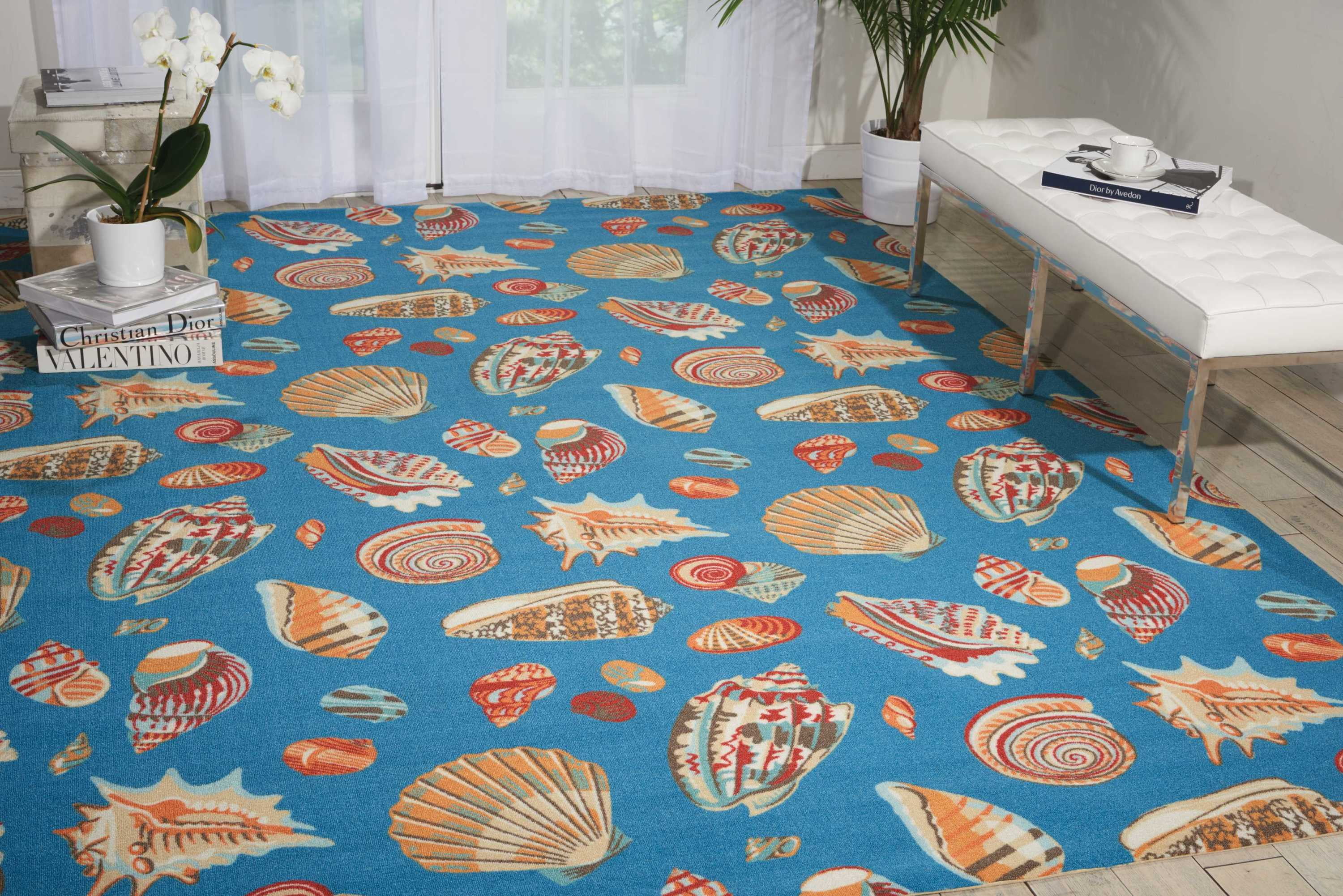 Azure Seashell Pattern 10' x 13' Synthetic Indoor/Outdoor Rug