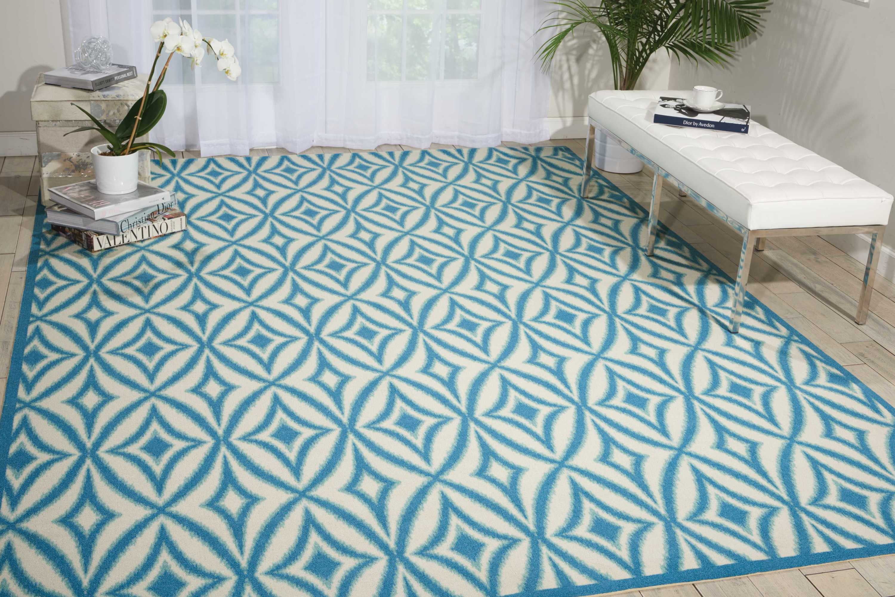 Azure and White Synthetic Rectangular Area Rug with Diamond Pattern