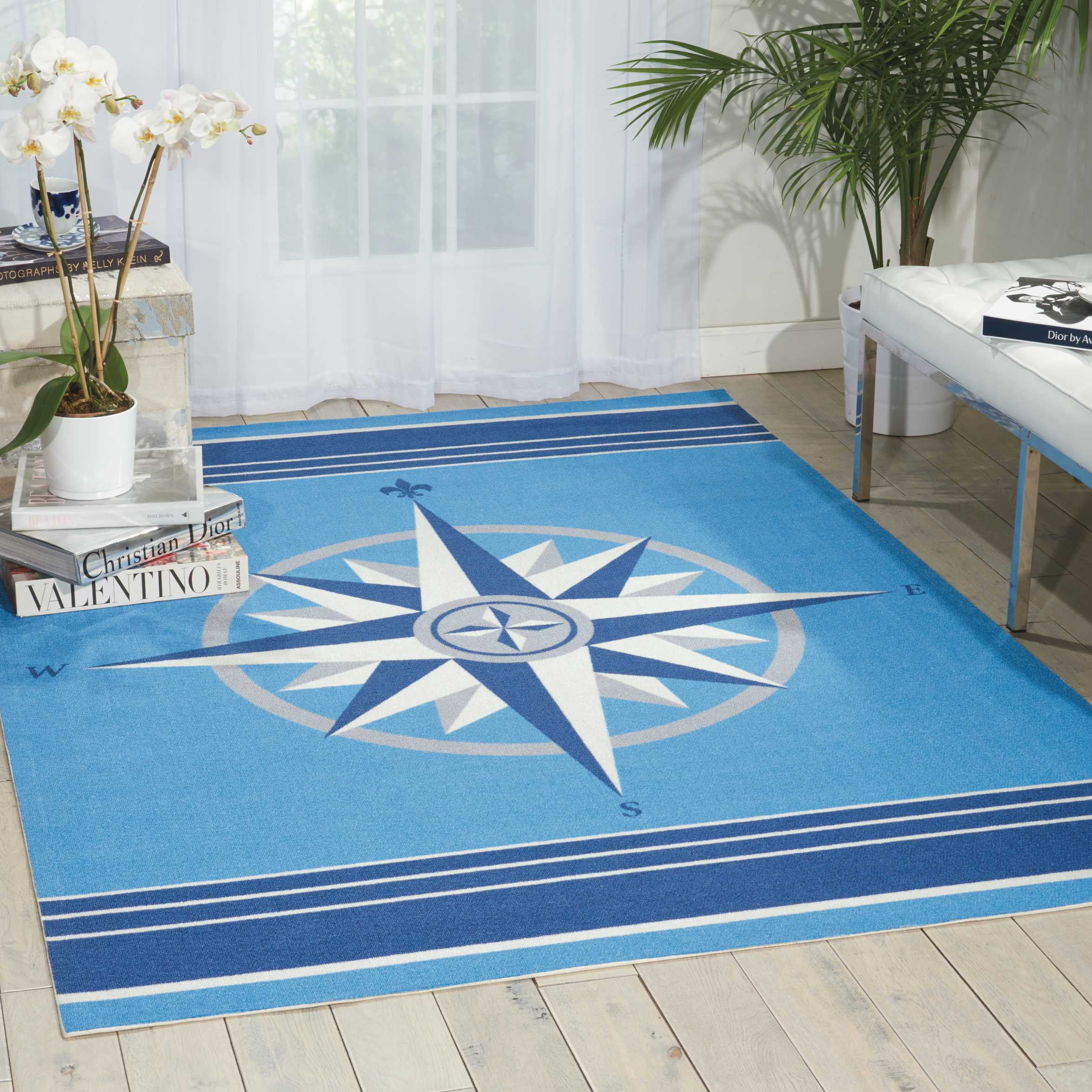 Blue Compass-Themed 10' x 13' Stain-Resistant Outdoor Rug