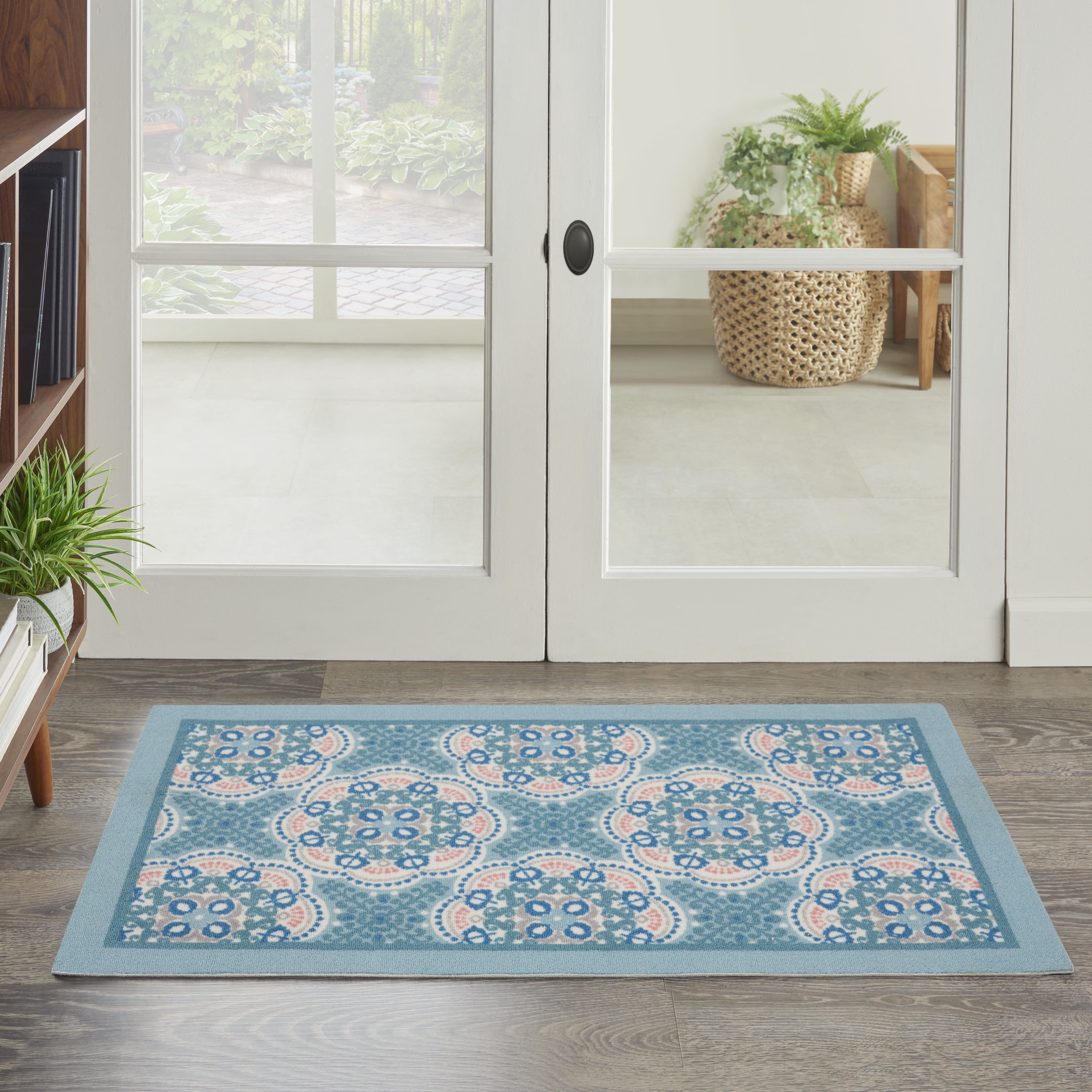 Blue Floral Rectangular Synthetic Indoor/Outdoor Rug