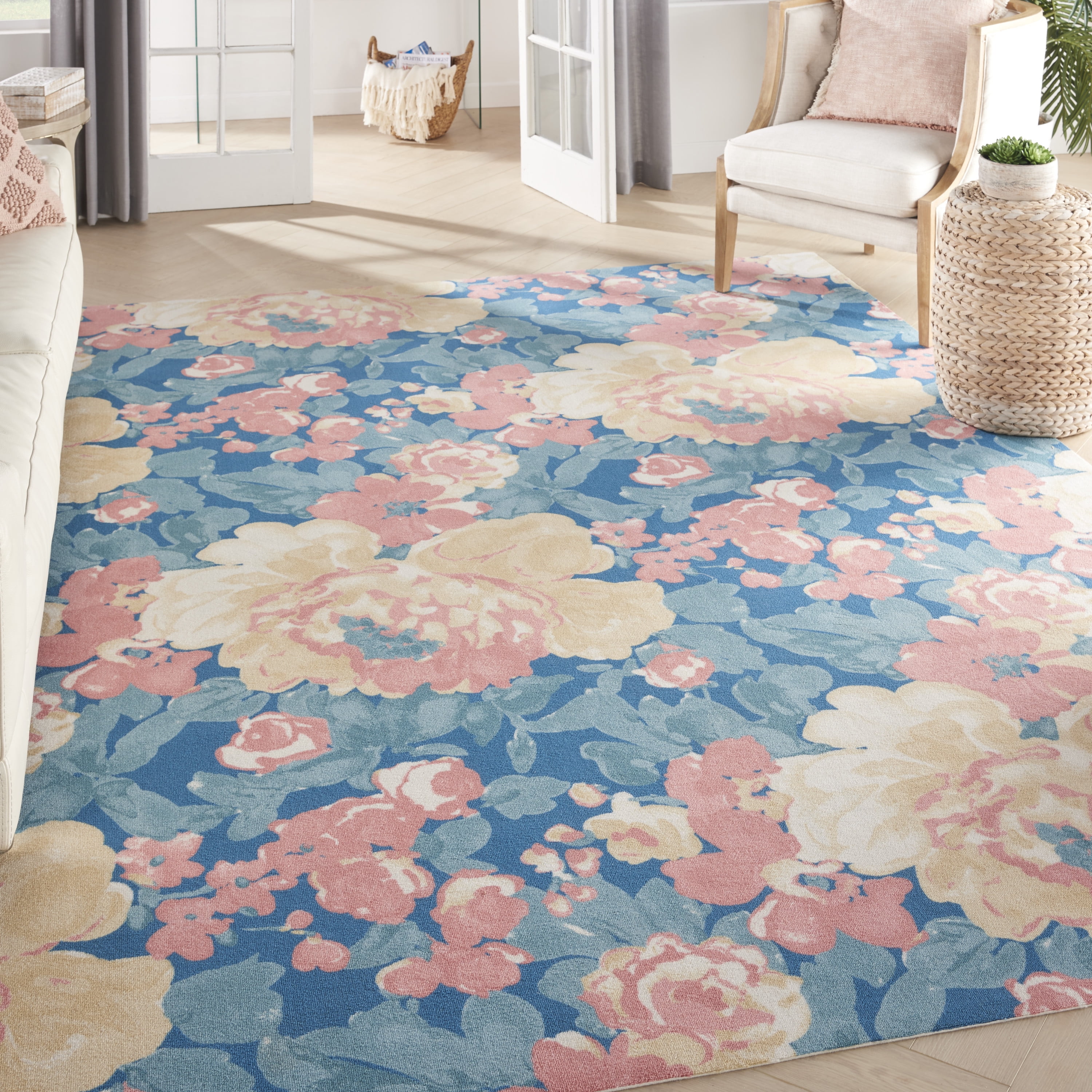 Blue Floral Rectangular Synthetic Indoor/Outdoor Area Rug