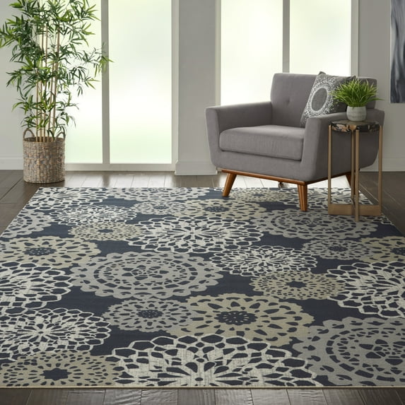 Nourison Sun N' Shade Indoor/Outdoor Geometric Floral Black 10' x 13' Area Rug, (10' x 13')