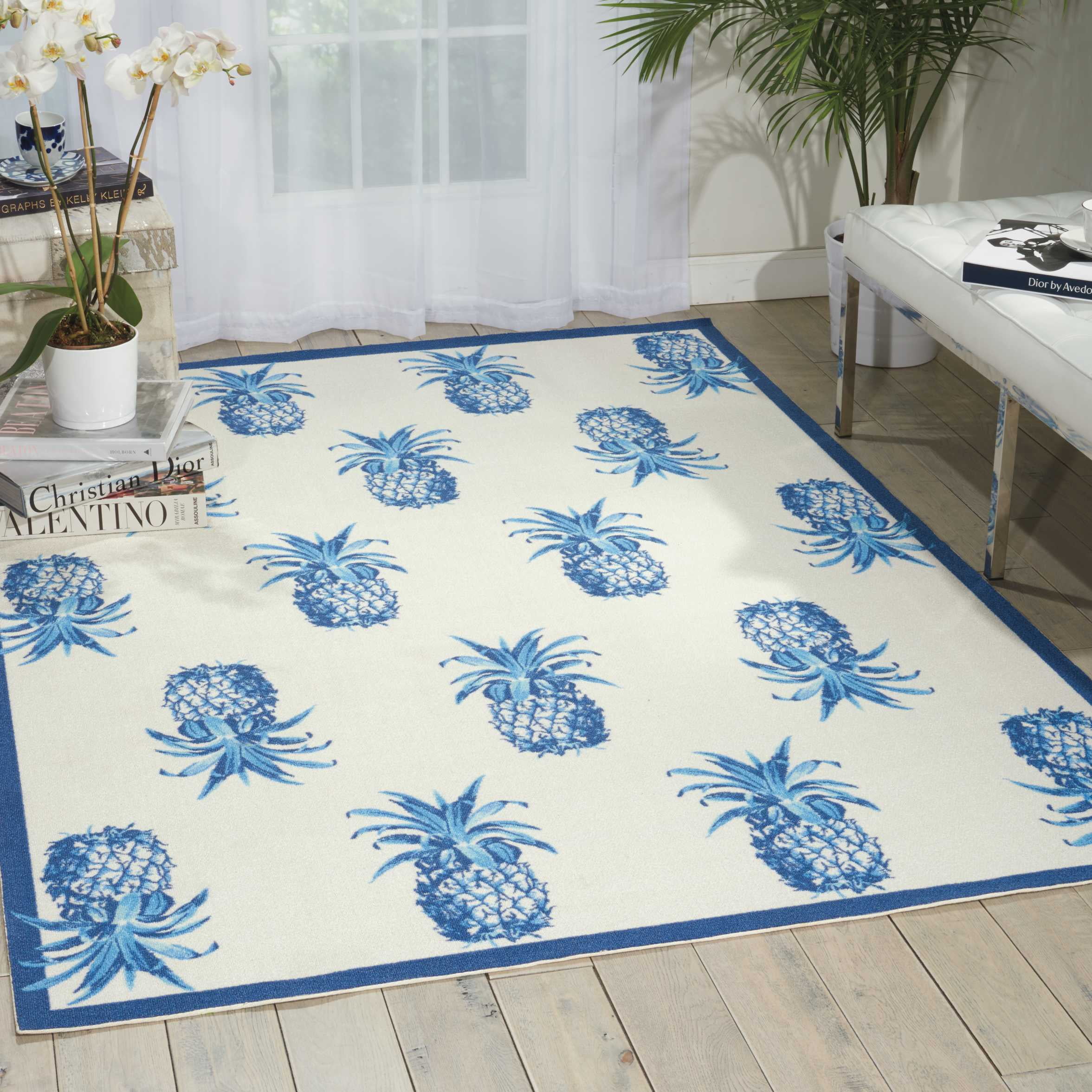 Ivory and Blue Pineapple Tufted Synthetic 10' x 13' Area Rug
