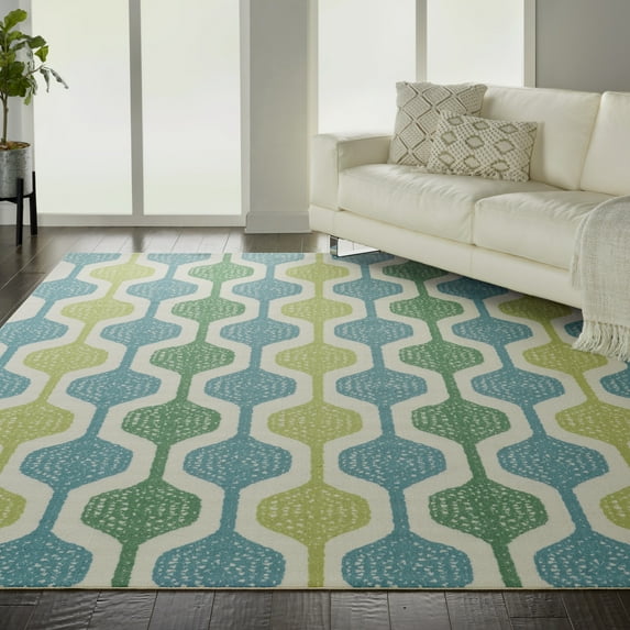 Waverly Sun N' Shade Indoor/Outdoor Ivory/Aqua 10' x 13' Area Rug ...