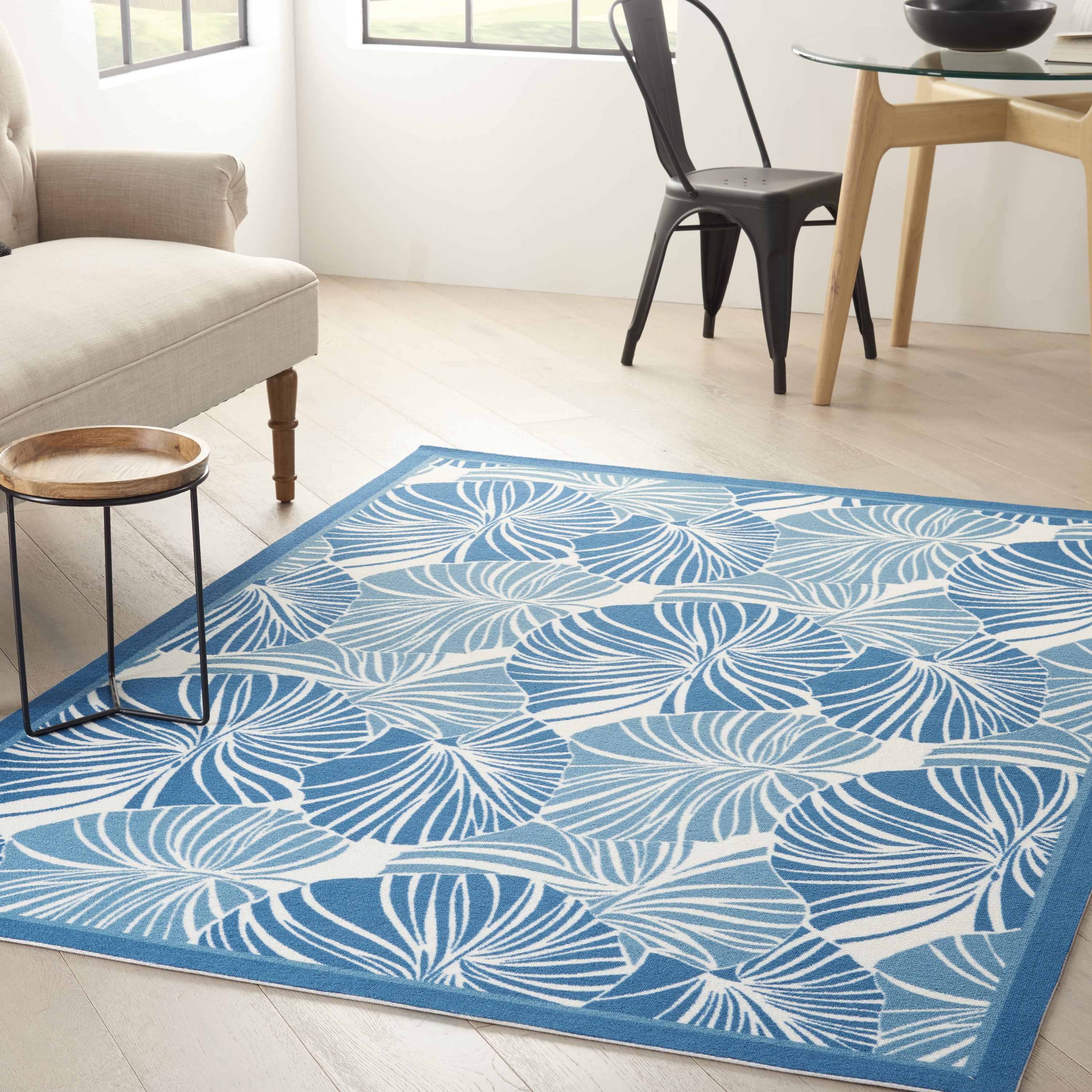 Blue Tropical Leaf Pattern Indoor/Outdoor Area Rug