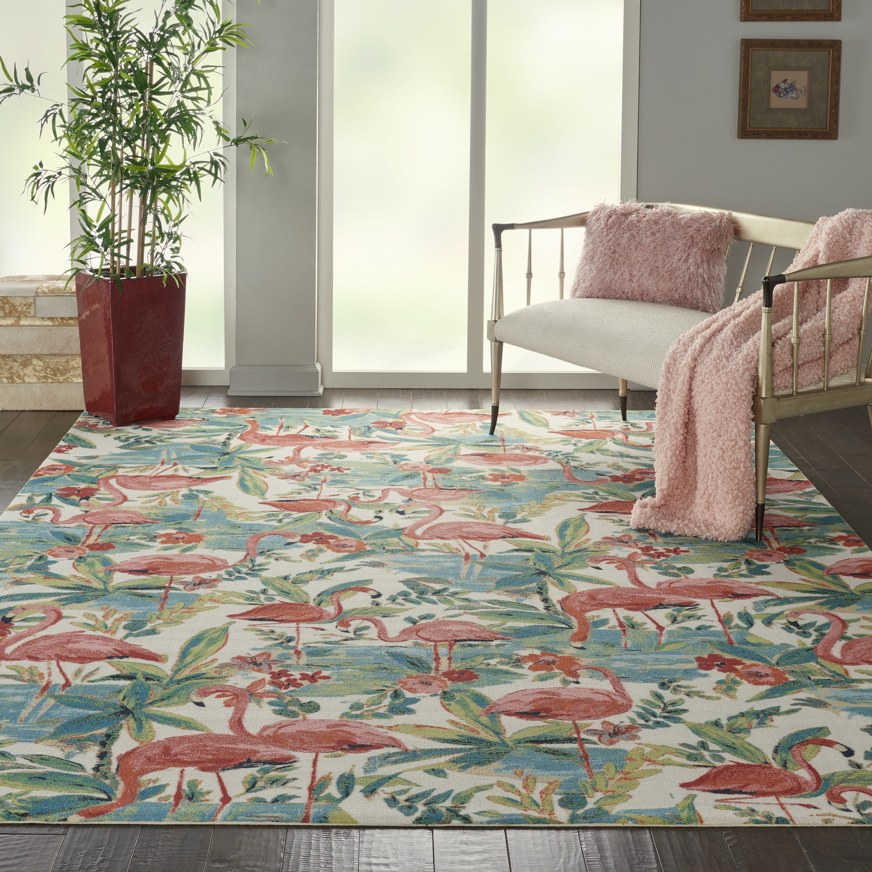 Multicolor Flamingo and Palm Indoor/Outdoor Area Rug, 6'6" x 9'6"