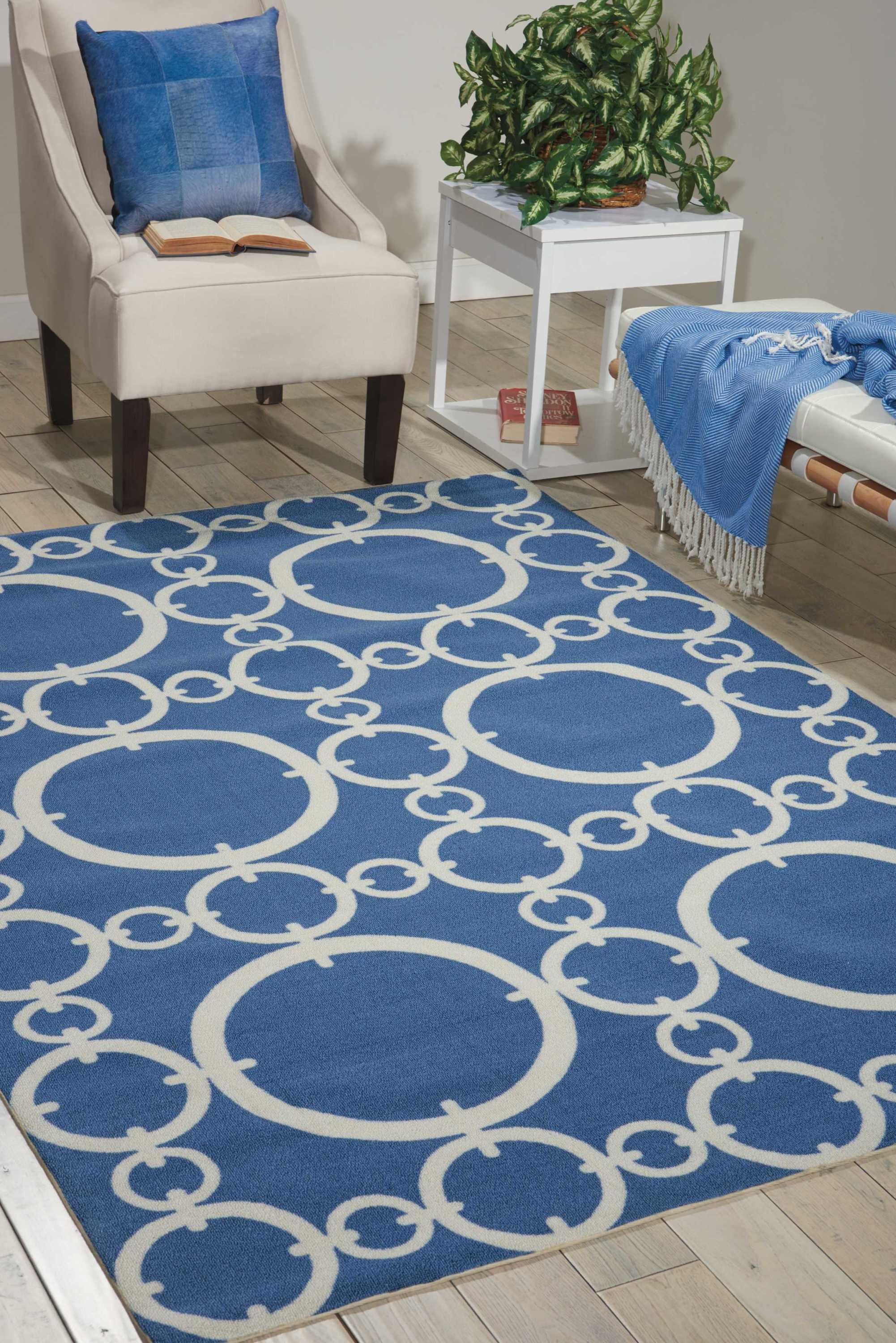 Navy Geometric Synthetic Easy Care Rectangular Area Rug