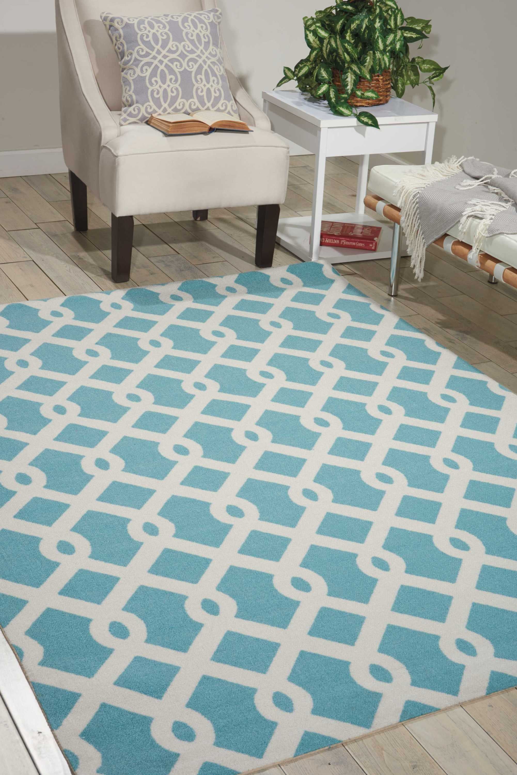 Poolside Aqua and White Geometric Outdoor Area Rug