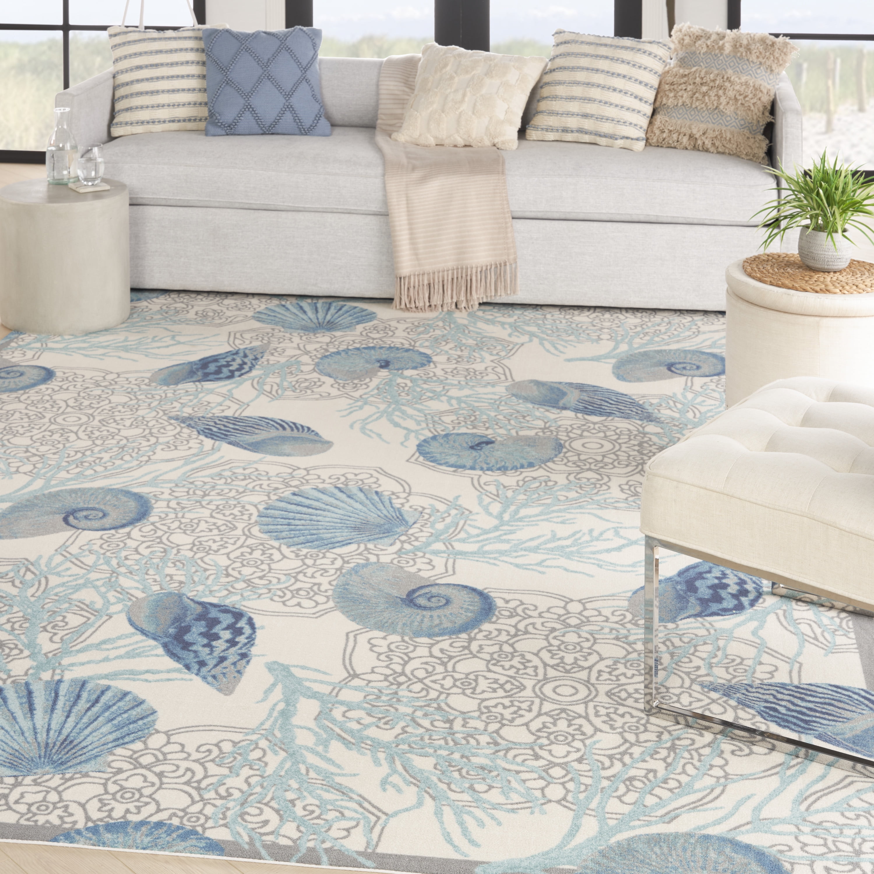 Ivory Blue Floral Synthetic Rectangular Area Rug 6'6" x 9'6"
