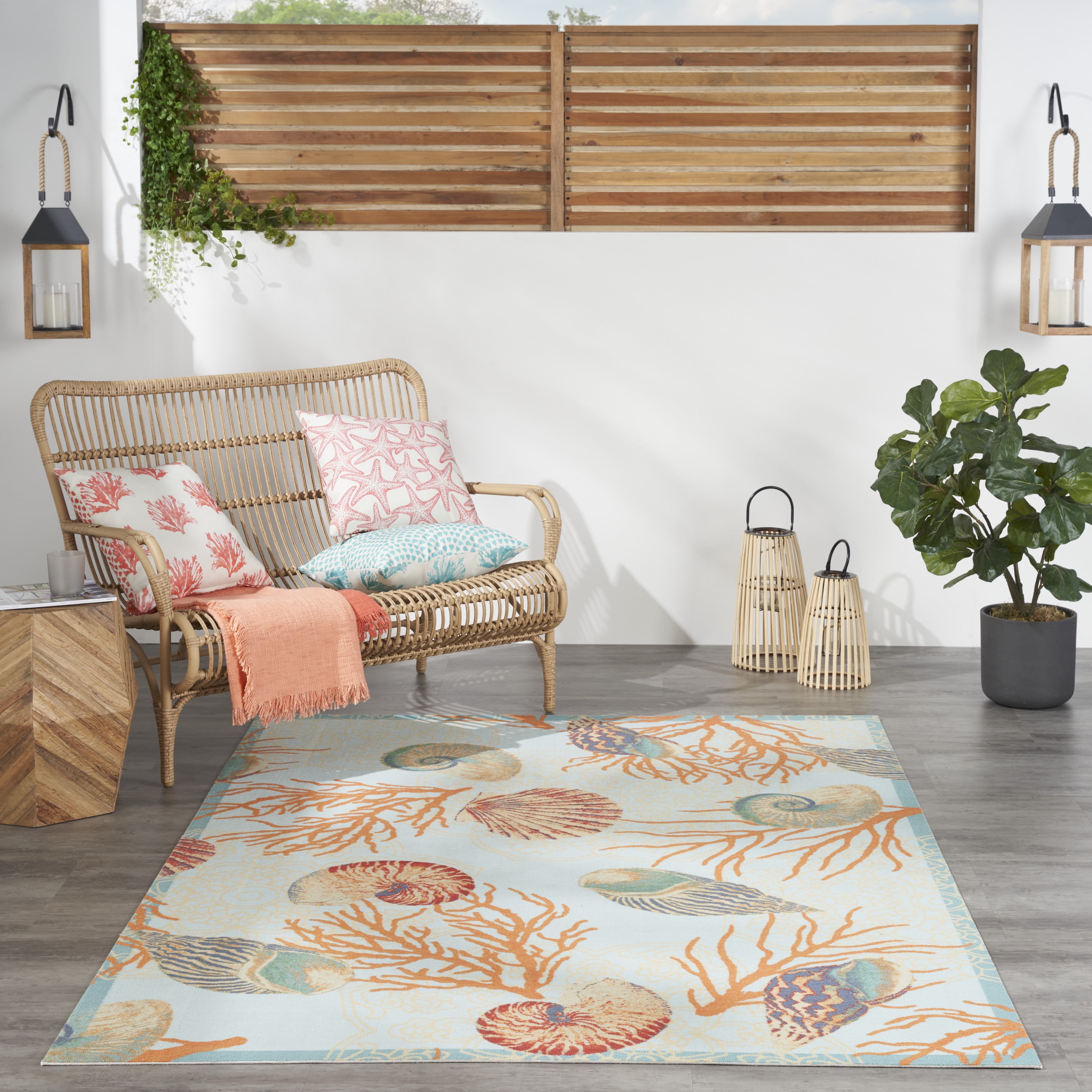 Coastal Bliss Light Blue Floral 4' x 6' Easy-Care Synthetic Rug