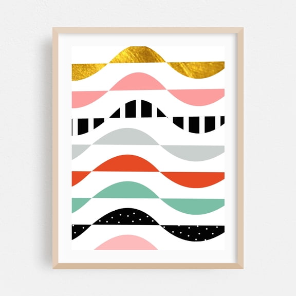 Waves Abstract - Digital Art Geometric Abstract Minimalist Modern Art Pattern Waves Oak Framed Wall Art Print 12 x 16 inches