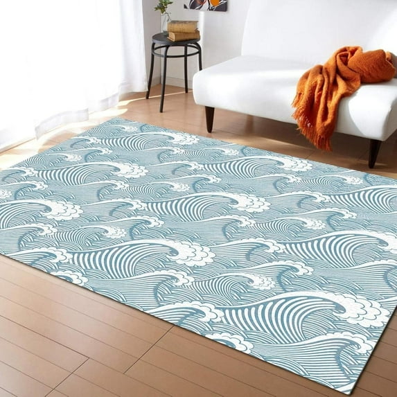 Waves Area Rug Blue White Water Cartoon Print Living Room Rugs, Indoor Non-Slip Rugs, Machine Washable Breathable Durable Carpet For Front Entrance Floor Decor 1x2ft