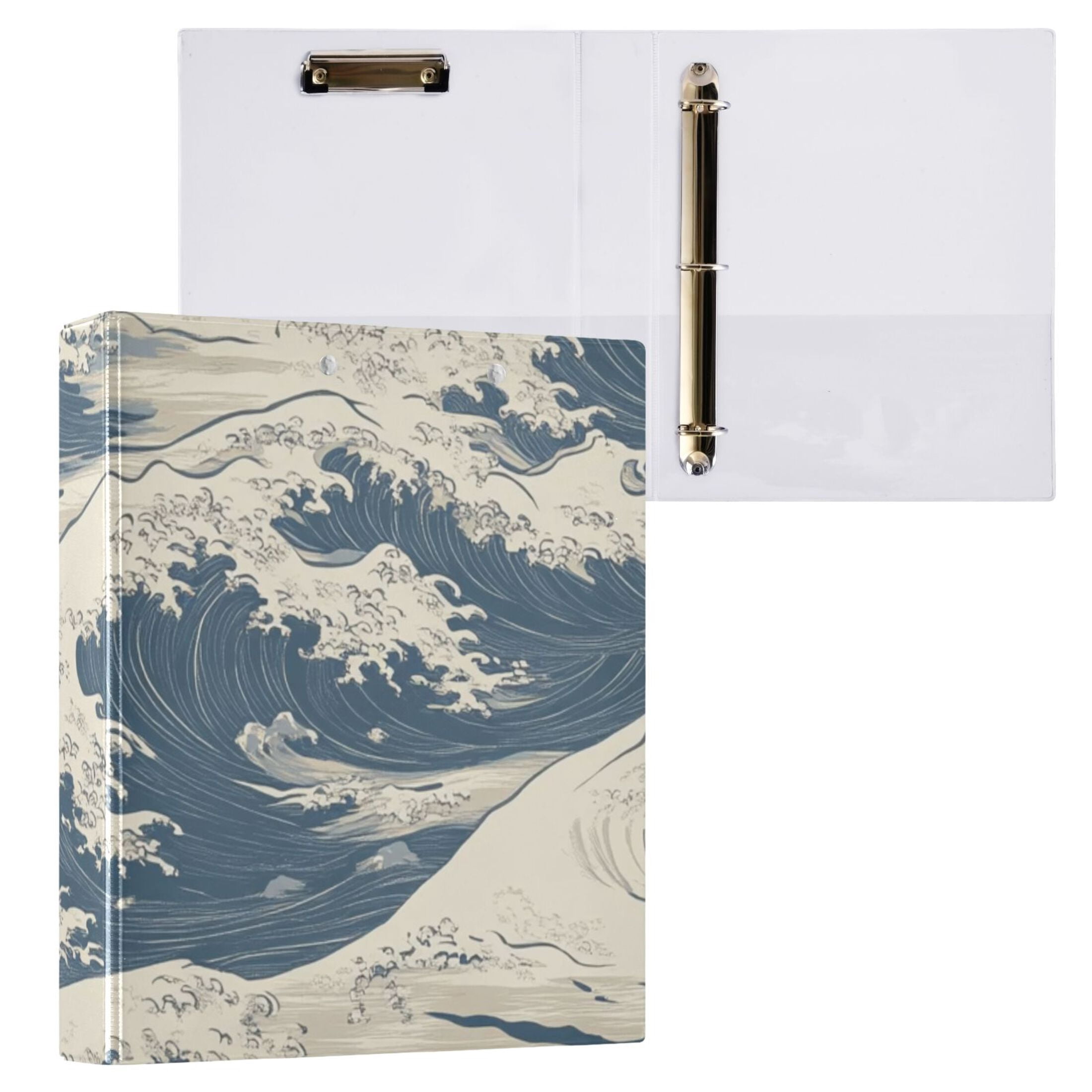Waves Blue 3 Ring Binders 1.5 inch Hardcover File Folders with Interior Pockets A4 Size Organizer for School Office Hospital Set of 2