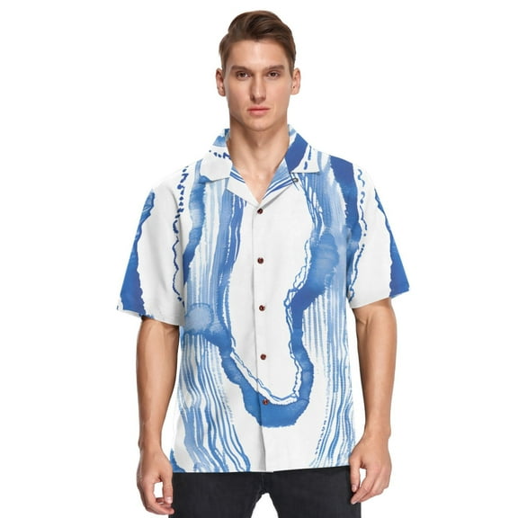 Waves Blue White Line Men's Hawaiian Wrinkle Free Button Down Short Sleeve Shirt Casual Shirts Beach Shirts