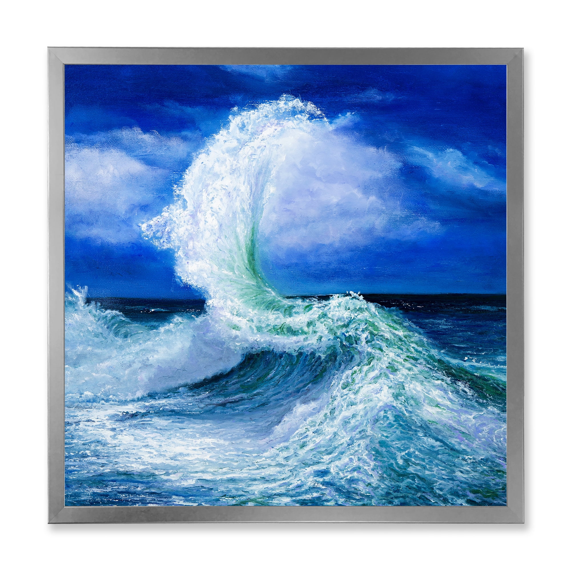 Waves Breaking During Wild Blue Ocean Tide 30 in x 30 in Framed Painting Canvas Art Print, by Designart