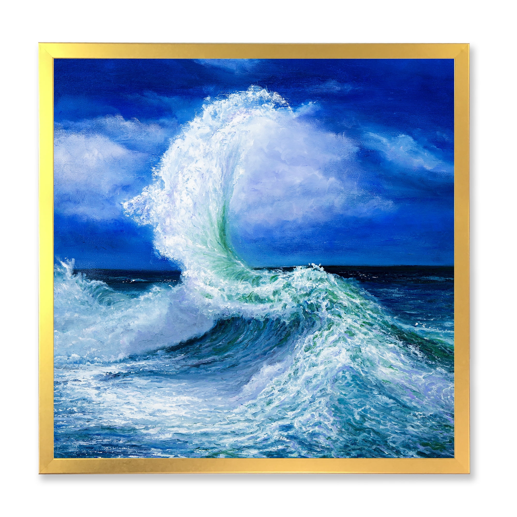 Waves Breaking During Wild Blue Ocean Tide 30 in x 30 in Framed Painting Canvas Art Print, by Designart