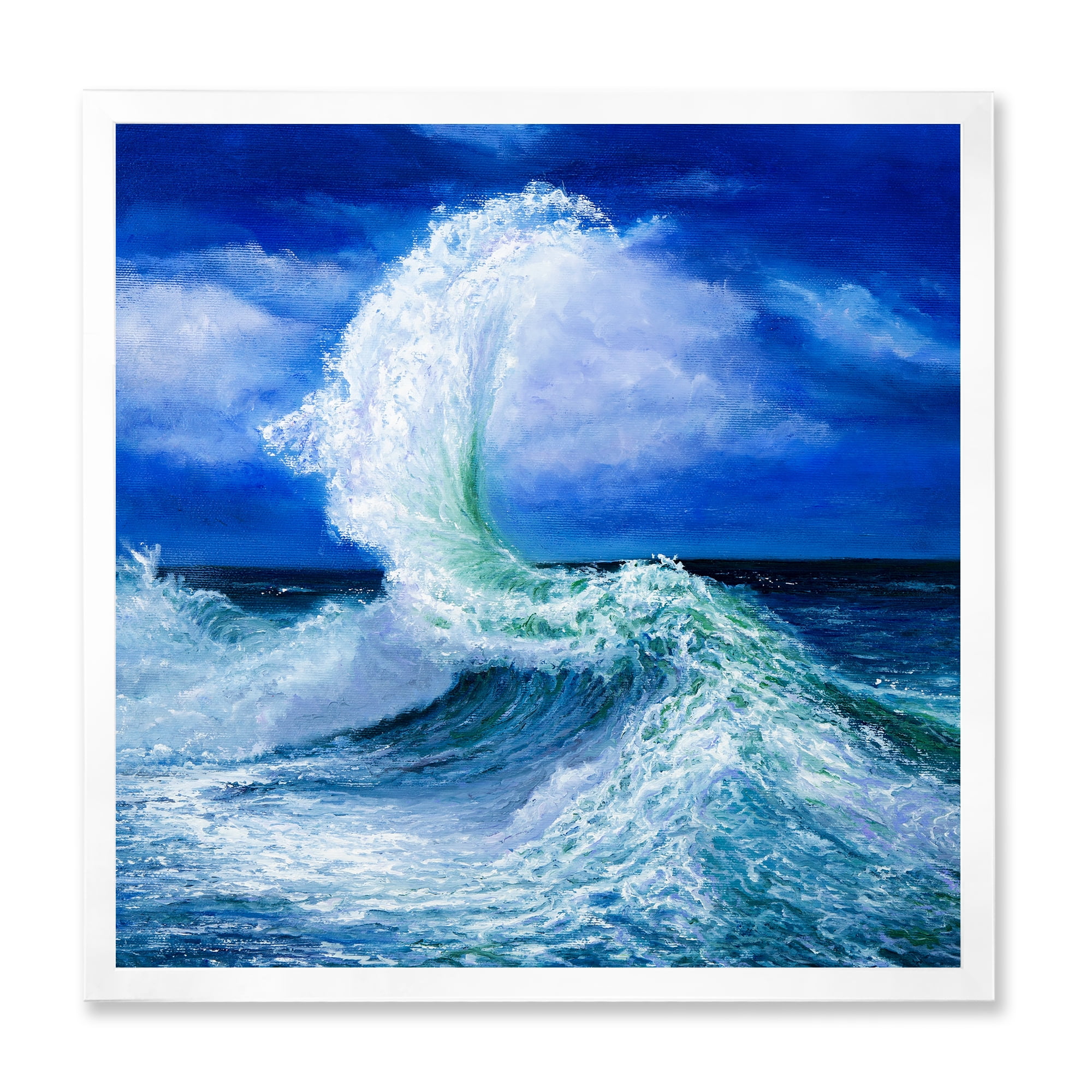 Waves Breaking During Wild Blue Ocean Tide 36 in x 36 in Framed Painting Canvas Art Print, by Designart